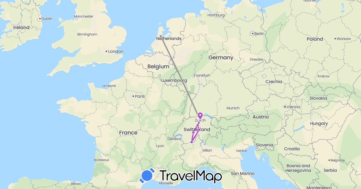 TravelMap itinerary: driving, plane, train in Switzerland, Netherlands (Europe)